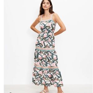 LOFT Pink Green Tropical Print Maxi Dress